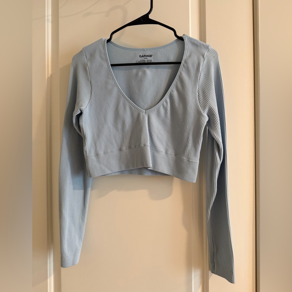 Garage light blue long sleeve ribbed crop top